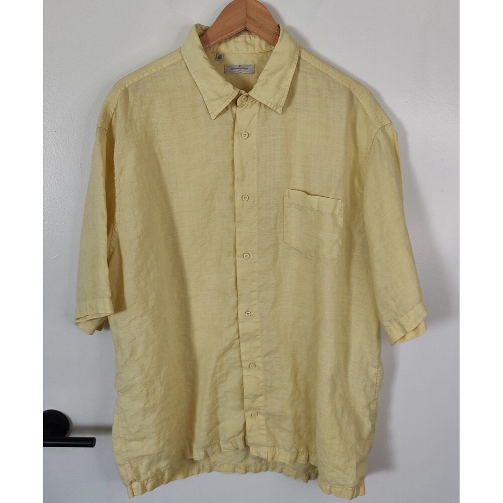 Vintage Ermenegildo Zegna Soft Yellow Linen Collared Button Up Shirt Mens 2XL